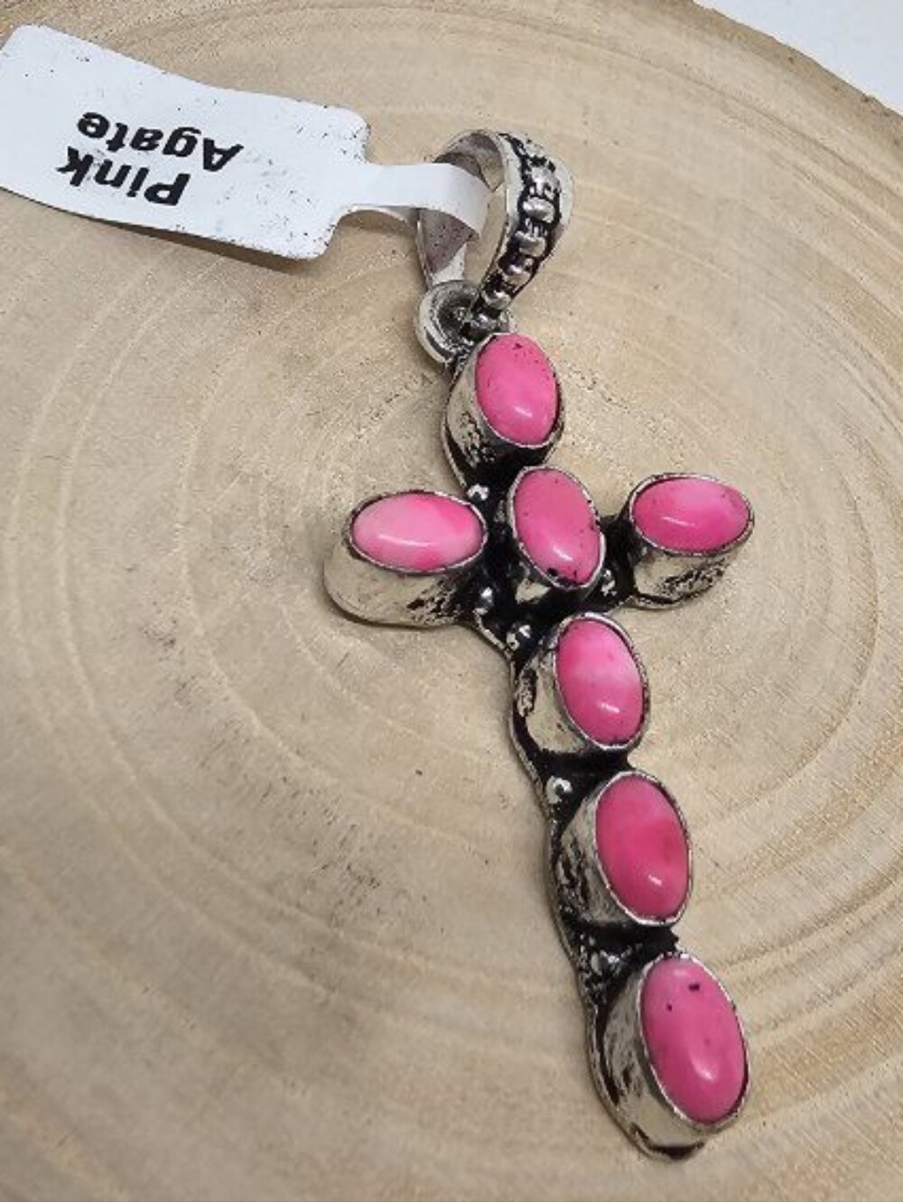 CROSS PENDANT IN Cotton Candy PINK AGATE TURQUOISE - Picture 2 of 2